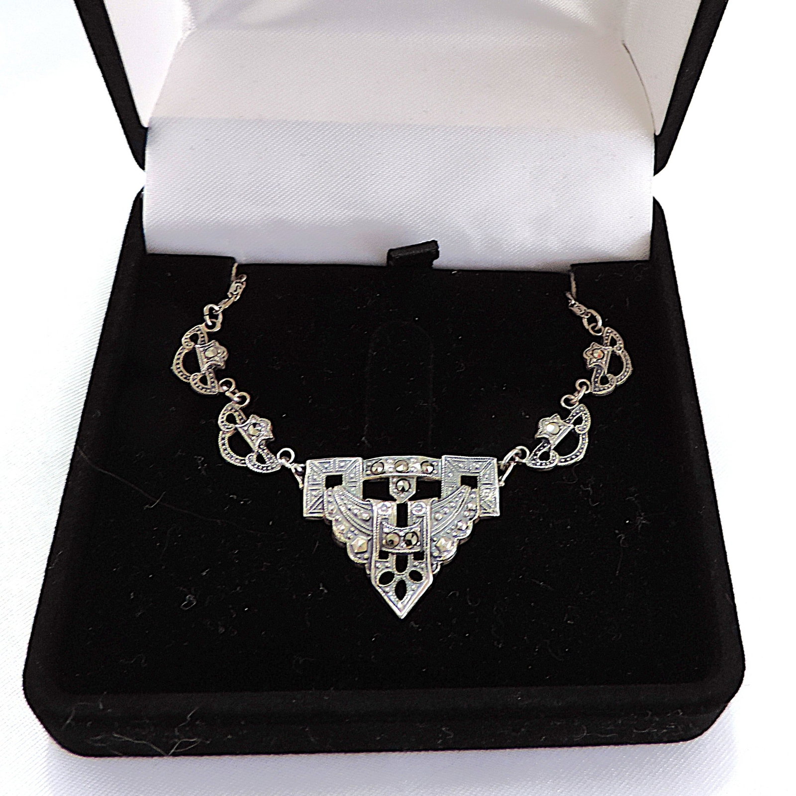 Antique Art Deco 925 Sterling Silver Marcasite Gemstone Necklace - 2