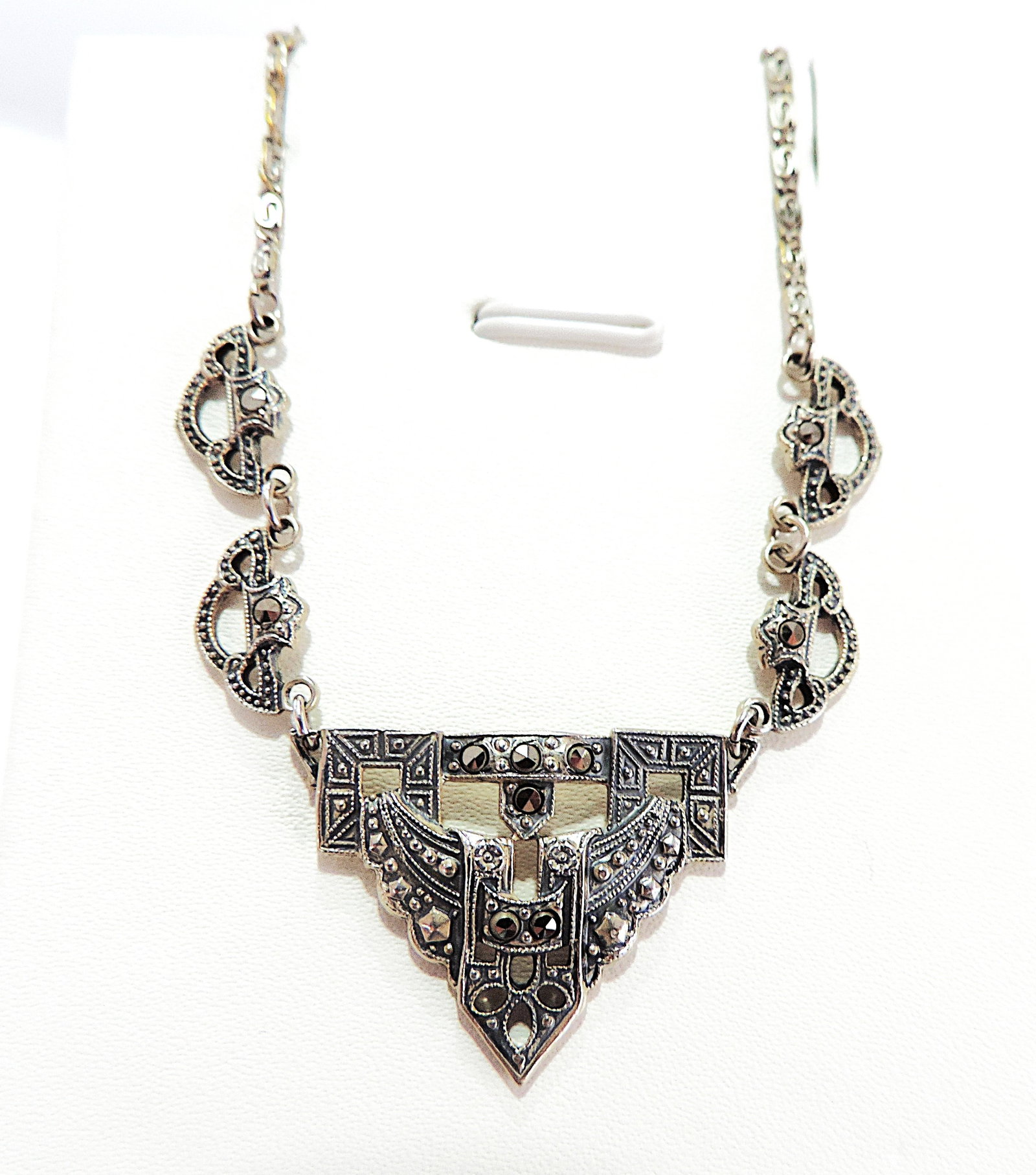 Antique Art Deco 925 Sterling Silver Marcasite Gemstone Necklace - 3