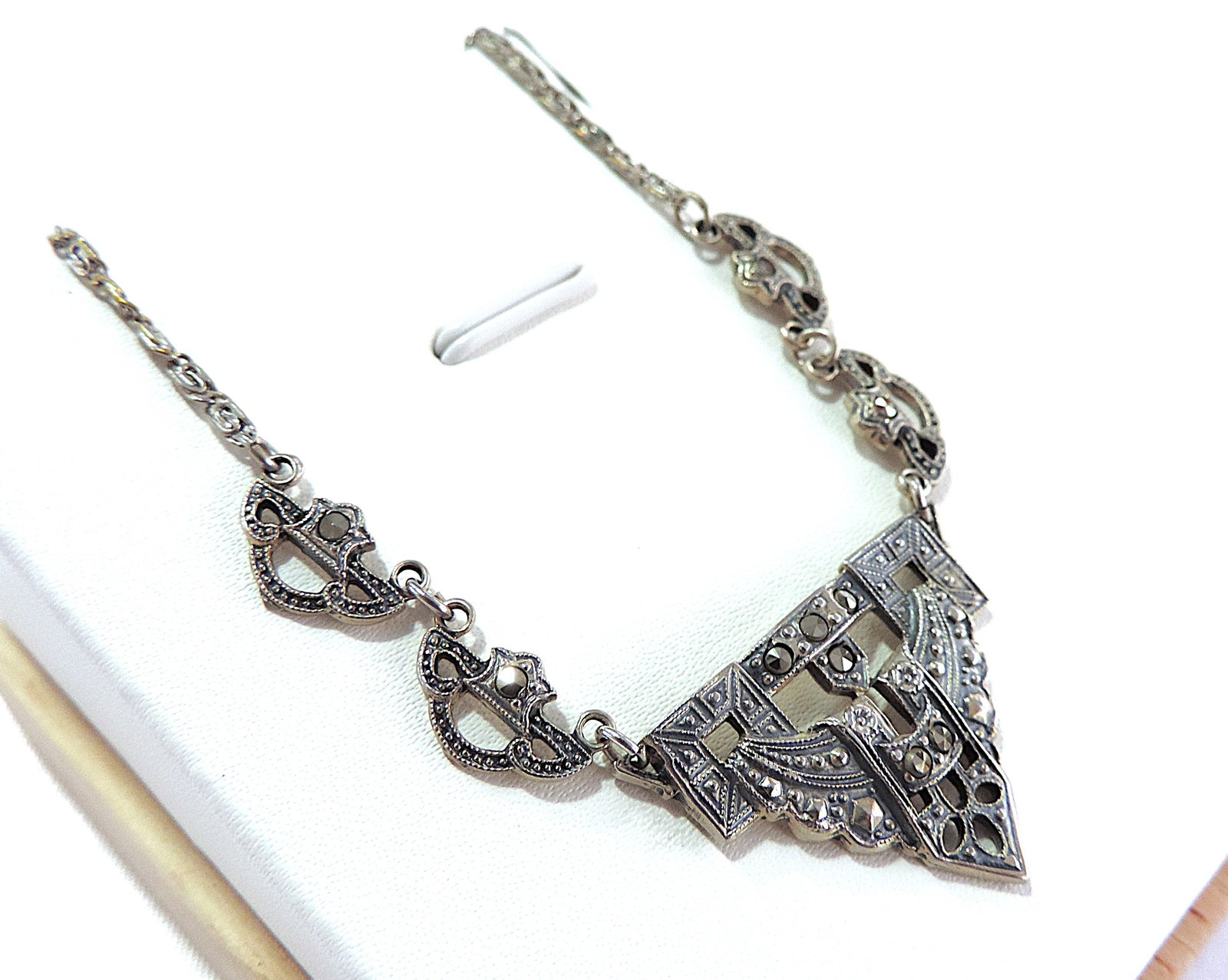 Antique Art Deco 925 Sterling Silver Marcasite Gemstone Necklace - 4