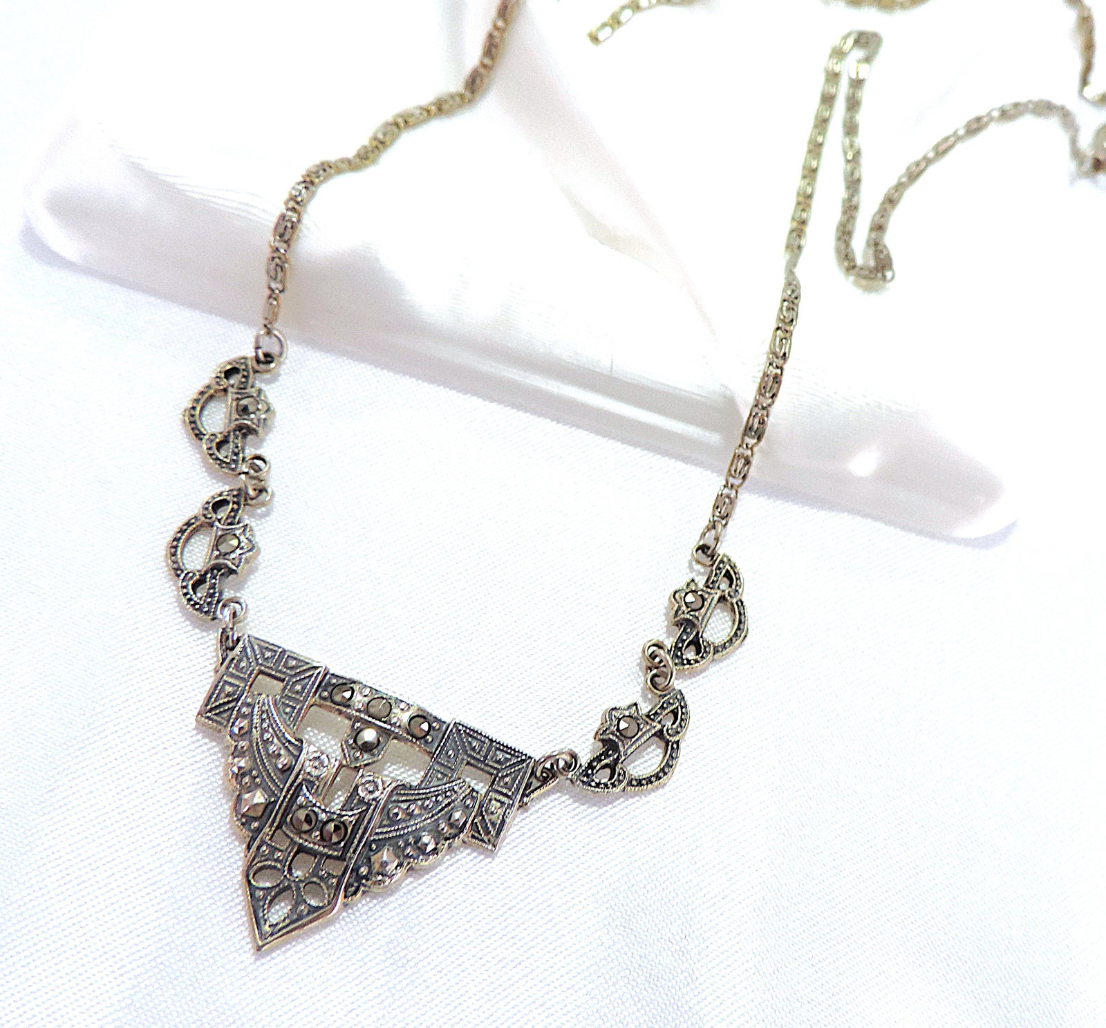 Antique Art Deco 925 Sterling Silver Marcasite Gemstone Necklace - 6