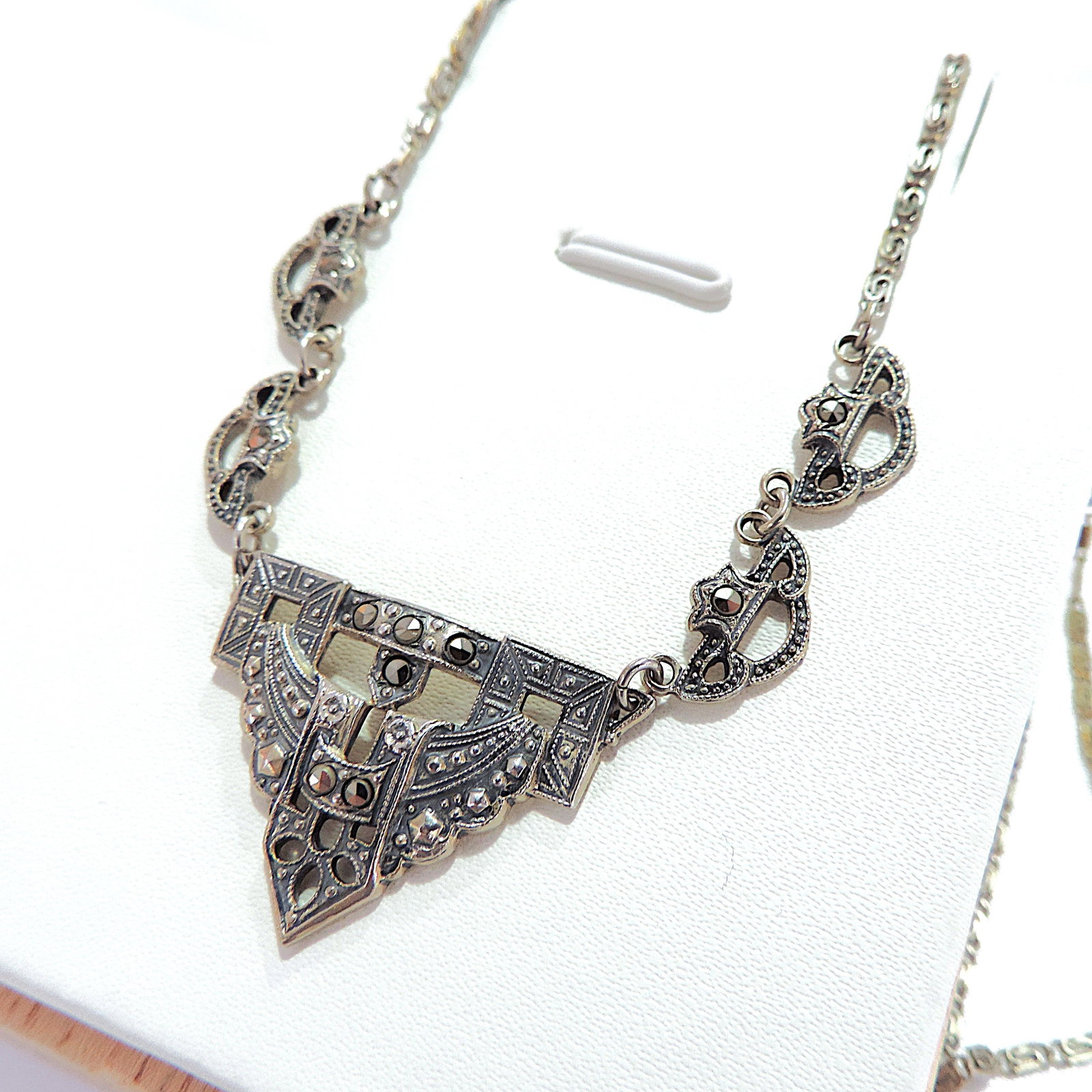 Antique Art Deco 925 Sterling Silver Marcasite Gemstone Necklace - 7