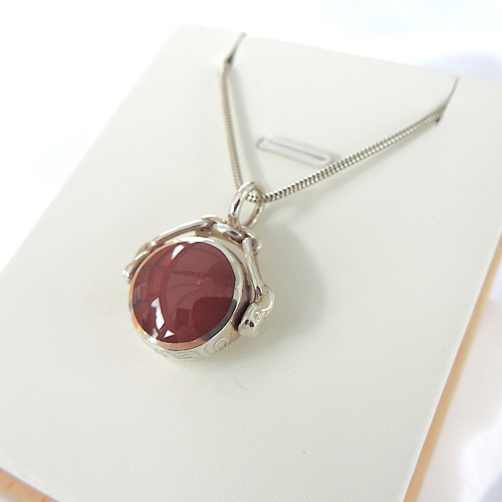 Vintage 925 Sterling Silver Carnelian Mother of Pearl Swivel Fob & Chain c.1990 - 3