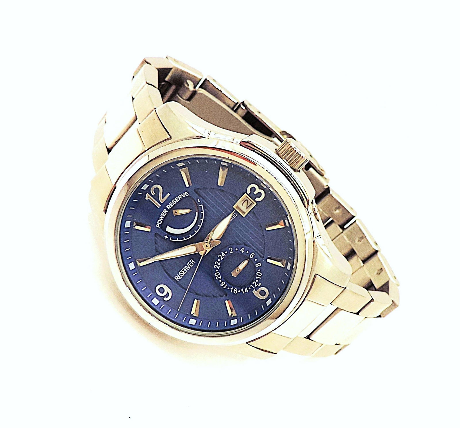 Power Reserve Automatic 40mm Stainless Steel Bracelet Watch: Title: Power Reserve Automatic 40mm Stainless Steel Bracelet Watch Description: RESERVER Power Reserve automatic stainless steel water resistant 40mm bracelet watch with blue face. New