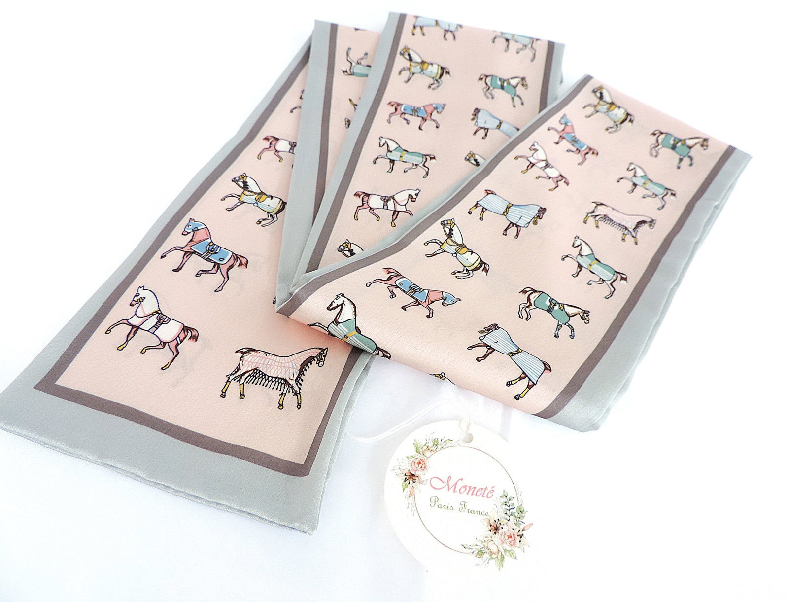 Moneté Paris 100% Silk Equestrian Style Print Scarf 142cm x 14cm 'New' - 3
