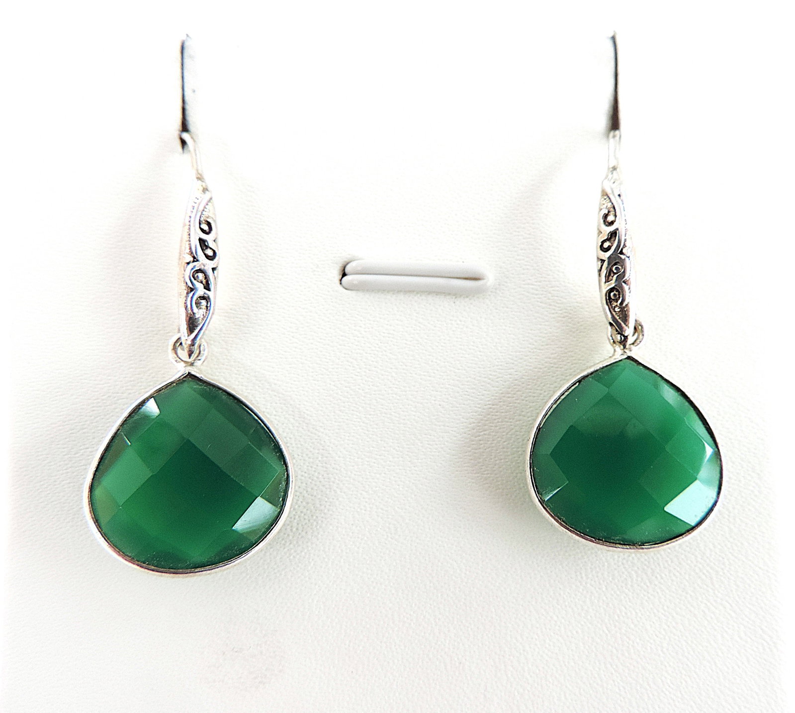 925 Silver Green Onyx Facet Cut Drop Earrings 'New' - 2