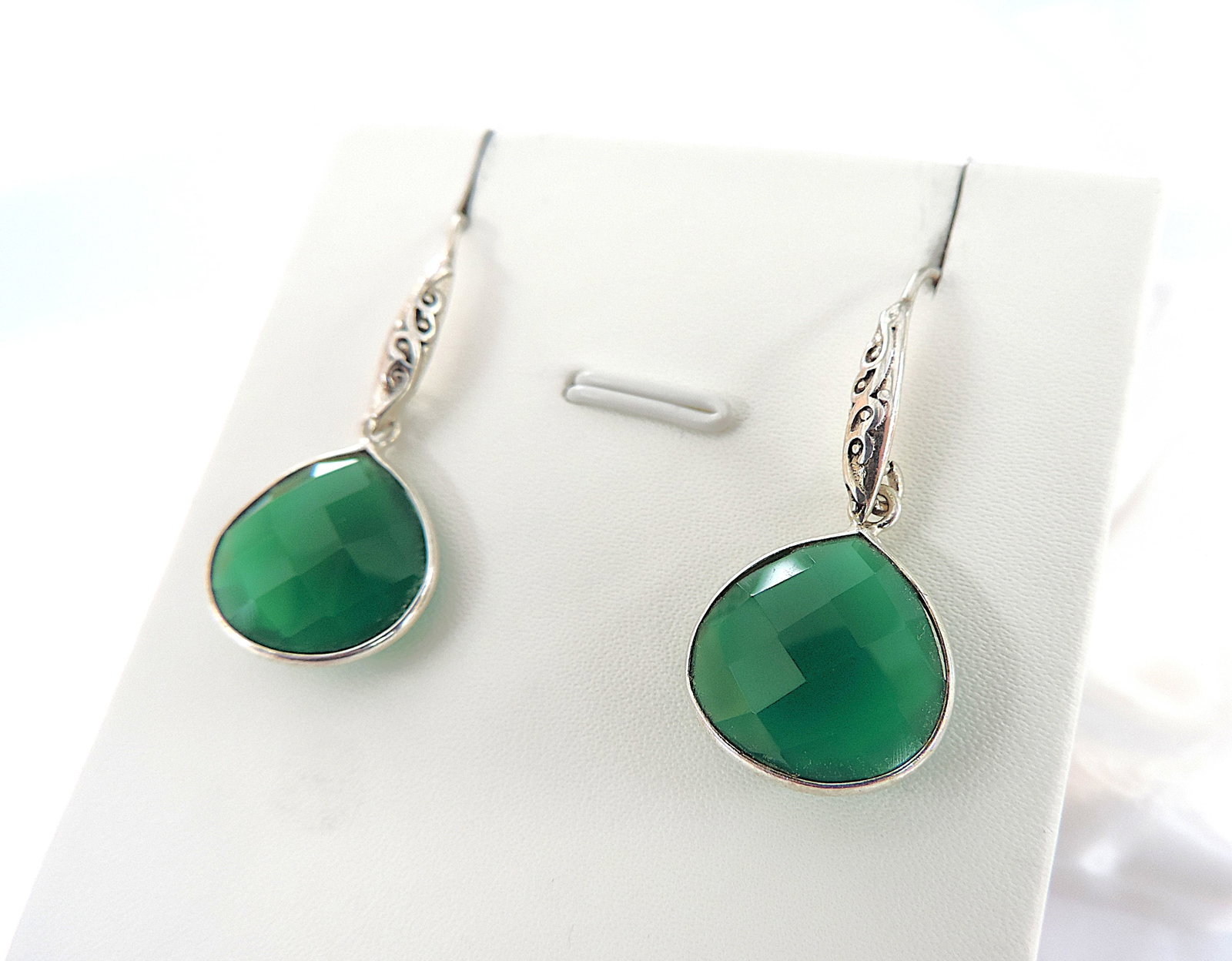 925 Silver Green Onyx Facet Cut Drop Earrings 'New' - 3