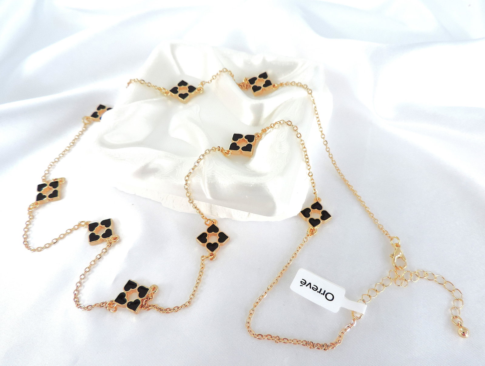 Orrevé 32 Inch Gold Plated Black Enamel Heart Clover Necklace 'New' - 2