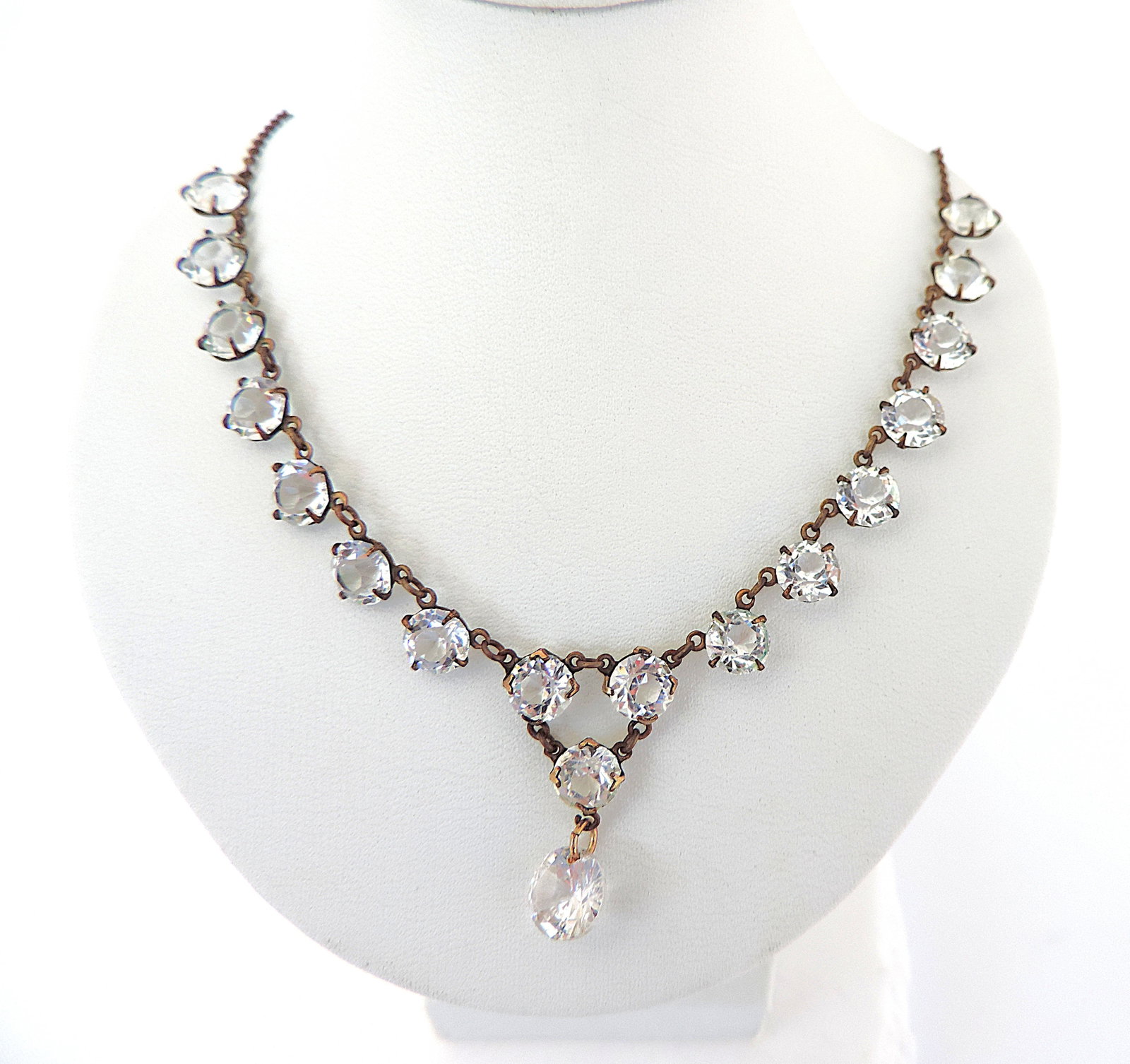 Vintage Crystal Necklace Circa 1920's: Title: Vintage Crystal Necklace Circa 1920's Description: A beautiful vintage necklace set with sparkling crystals. Necklace is 17 inches long and secured with a bolt ring clasp. 