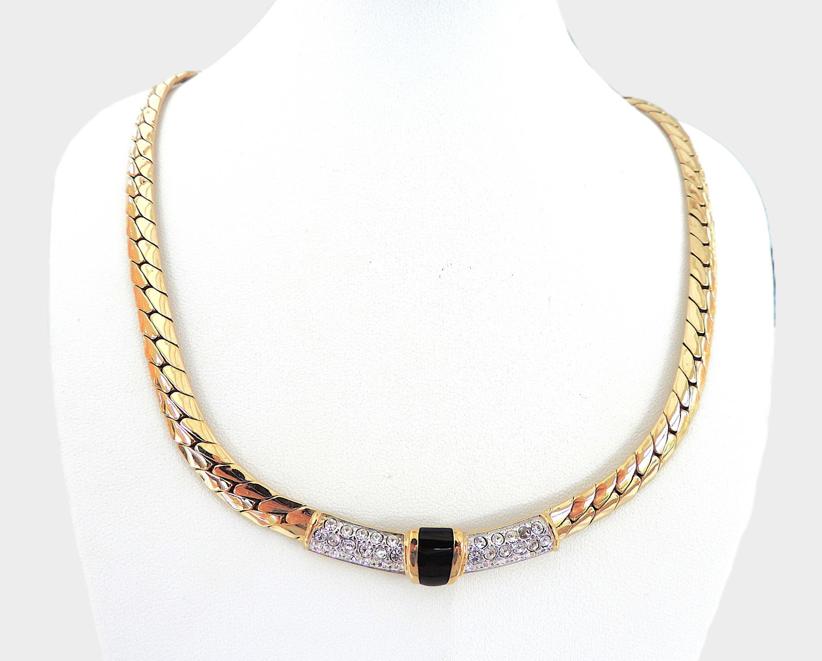Vintage Gold Plated Dior Style Collar Necklace c.1980's: Title: Vintage Gold Plated Dior Style Collar Necklace c.1980's Description: A beautiful vintage gold plated collar necklace in the Dior style set with white Austrian crystals and black enamel. 