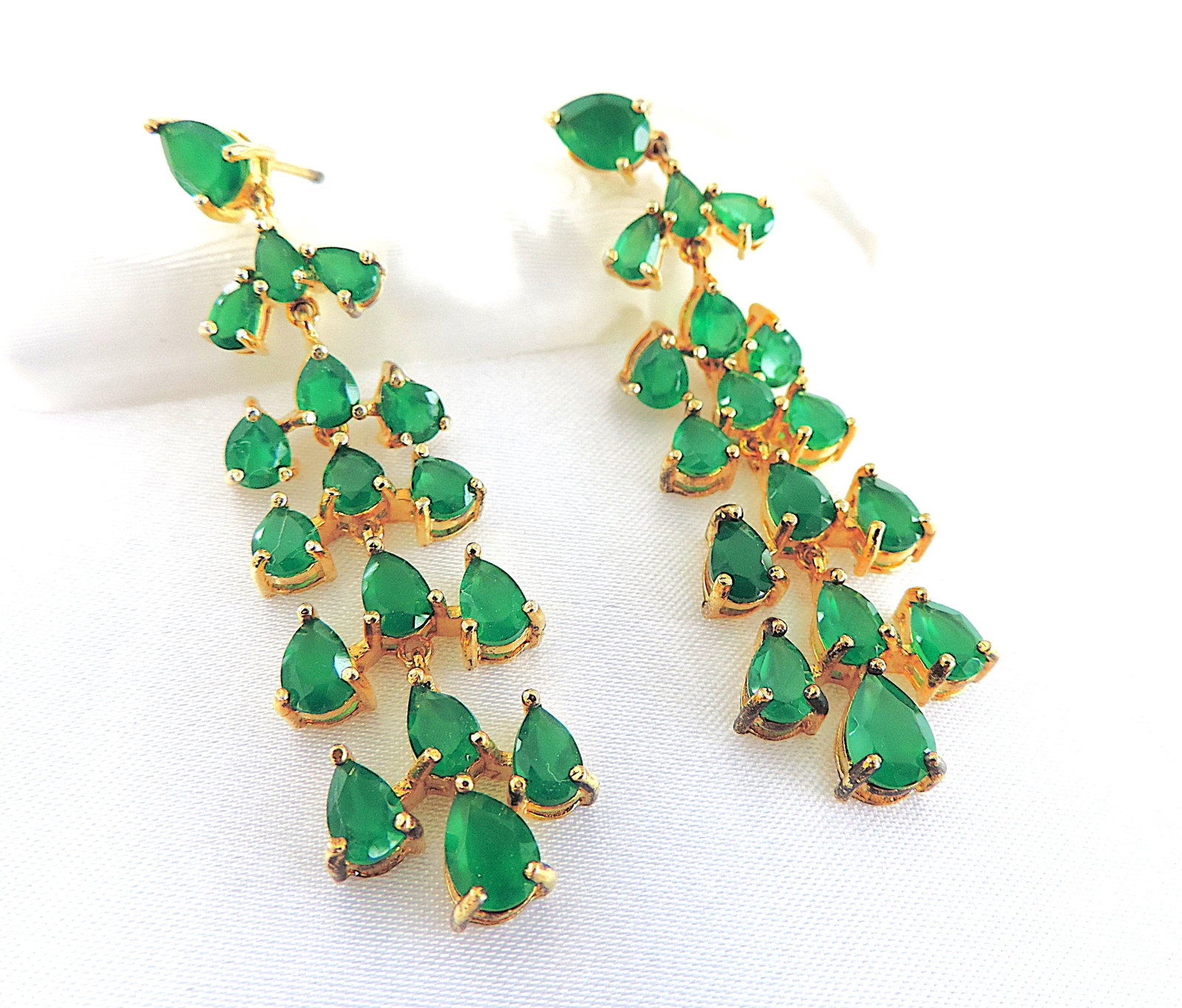 18k Gold 925 Silver 12.10 Carat Emerald Gemstone Chandelier Drop Earrings - 5
