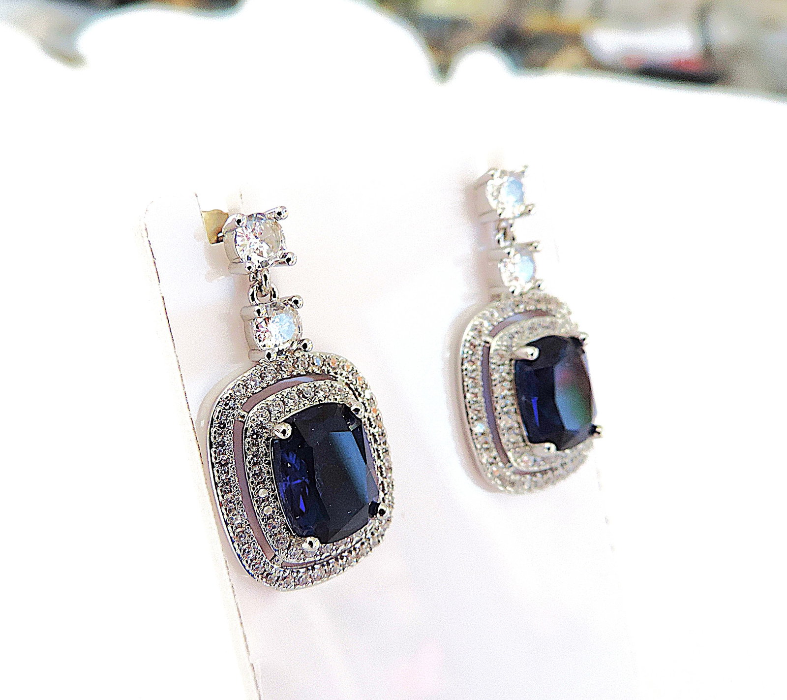Orrevé Sapphire Blue & White Zircon Gemstone Drop Earrings 'New With Gift Box' - 3