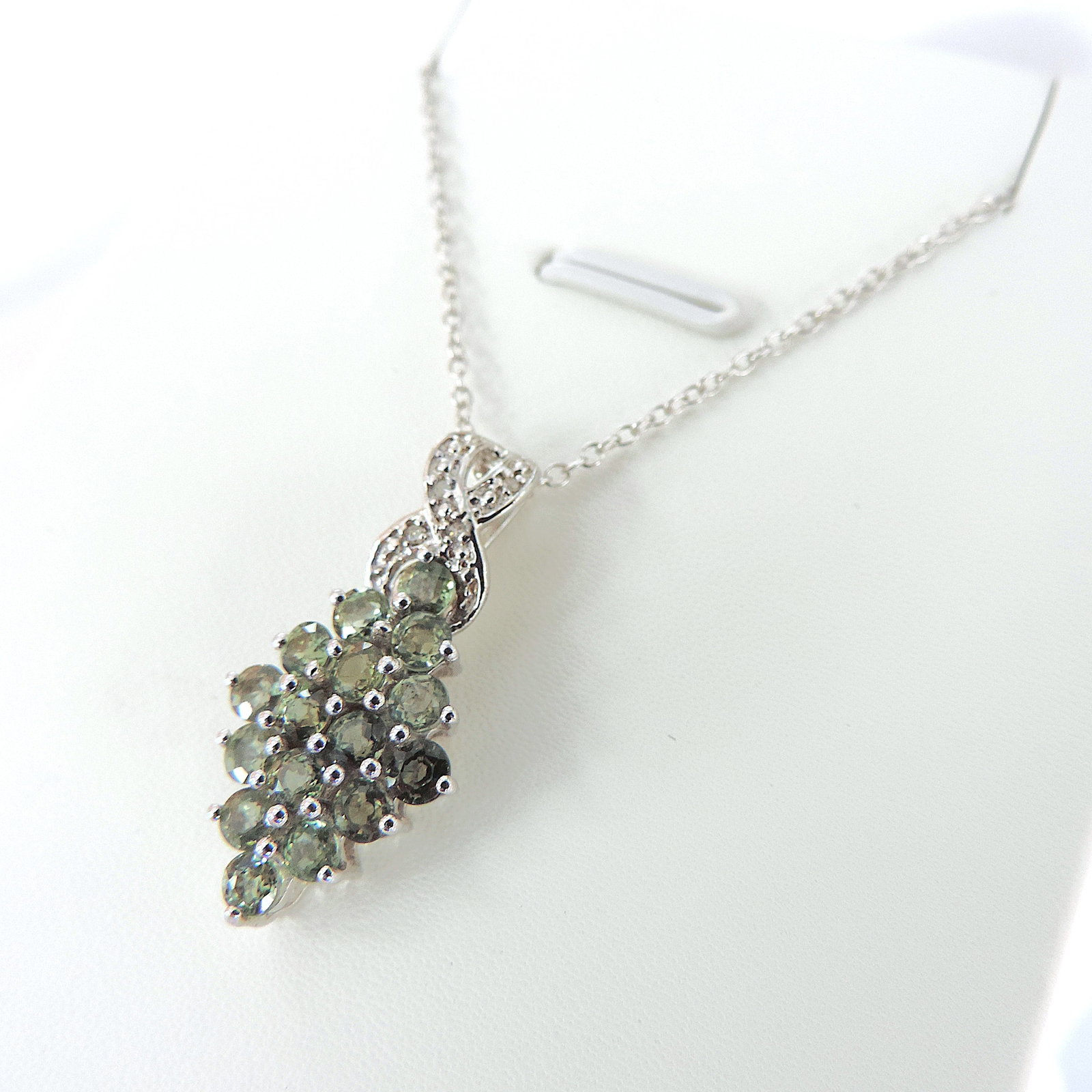 925 Silver Green Sapphire & Diamond Necklace 'New' - 2