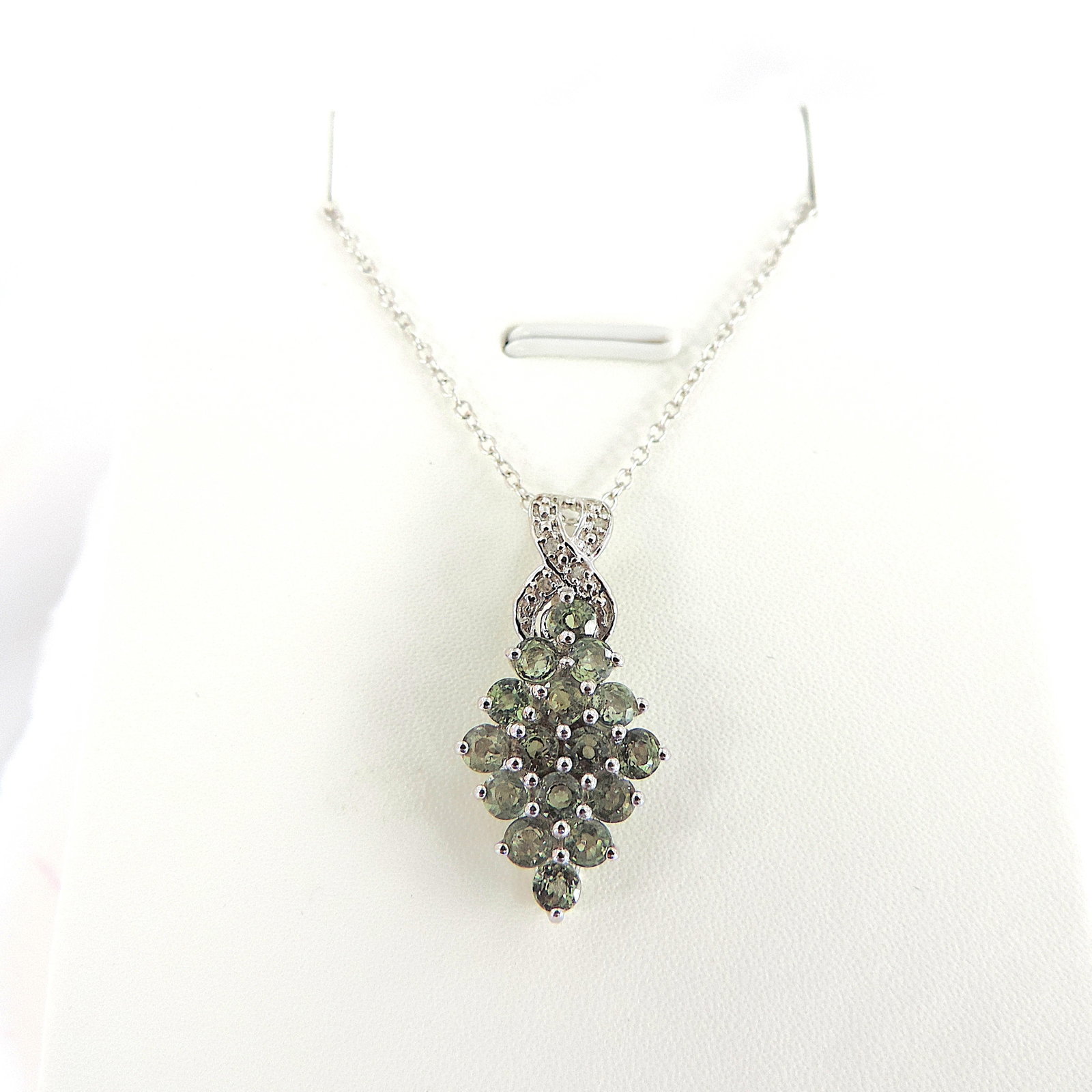 925 Silver Green Sapphire & Diamond Necklace 'New' - 5