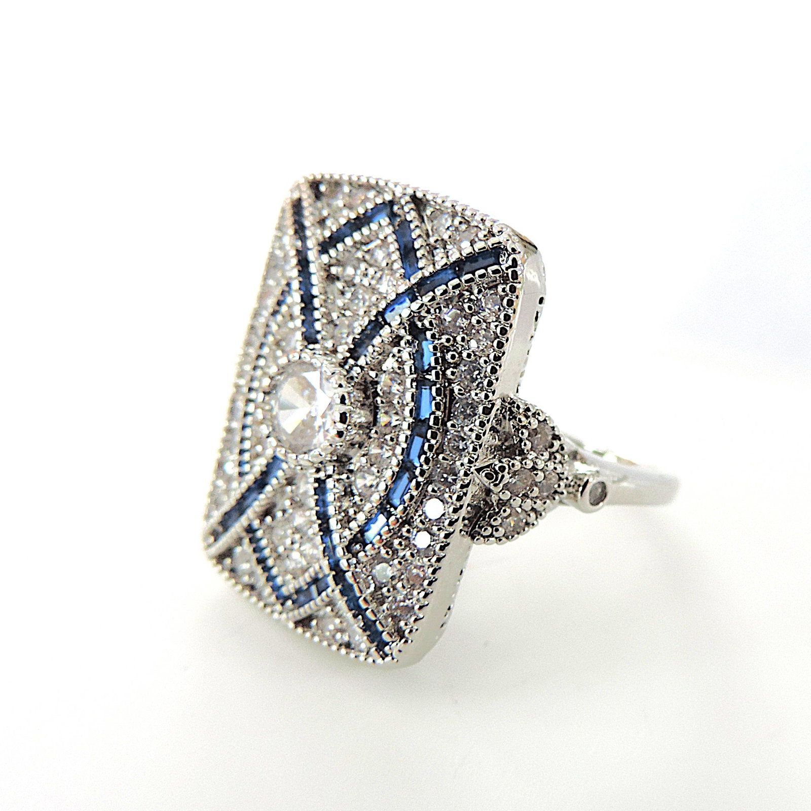Art Deco Style Blue & White Gemstone Ring With Gift Box - 2
