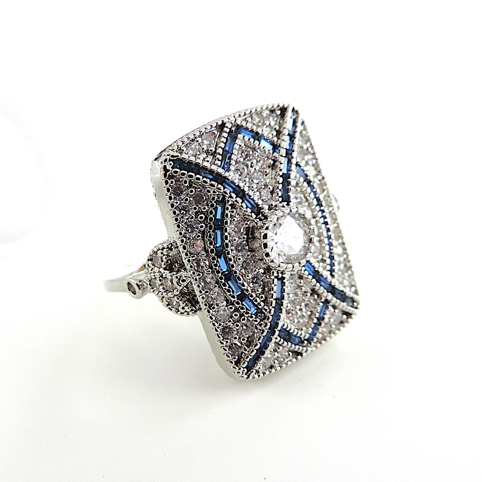 Art Deco Style Blue & White Gemstone Ring With Gift Box - 3