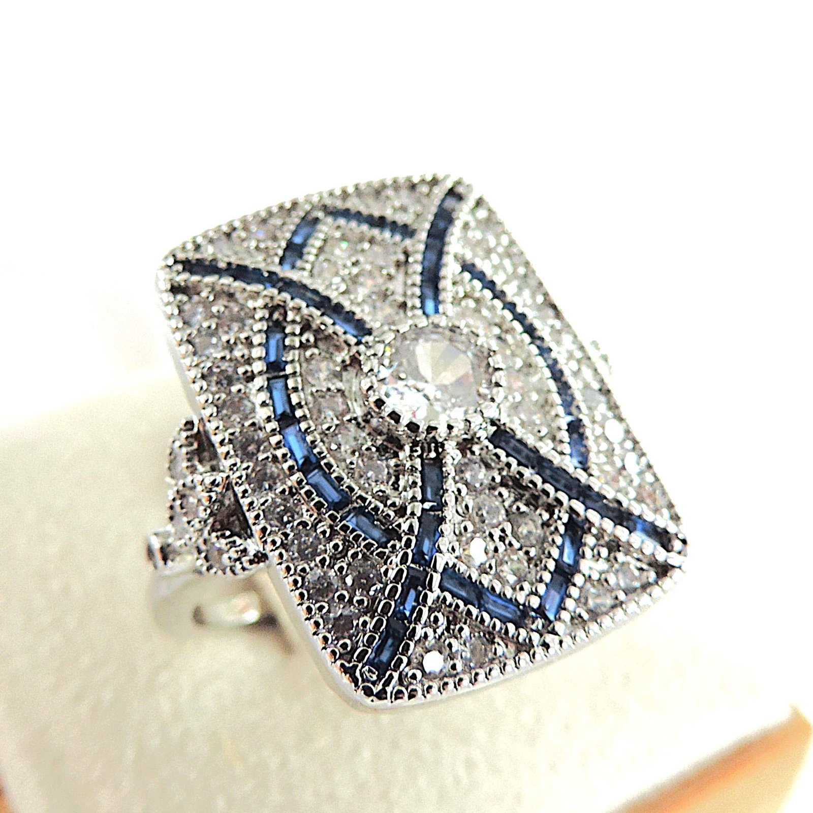 Art Deco Style Blue & White Gemstone Ring With Gift Box - 6