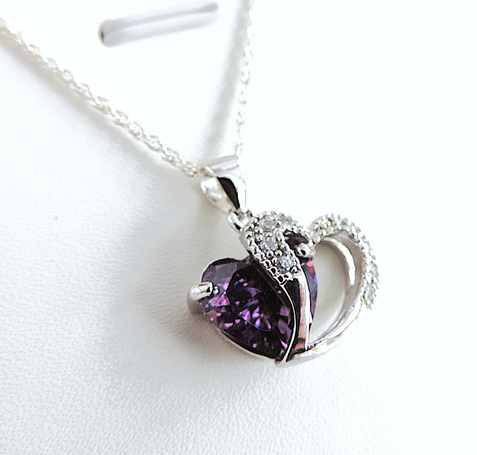 925 Silver Amethyst & Diamond Heart Pendant Necklace - 2