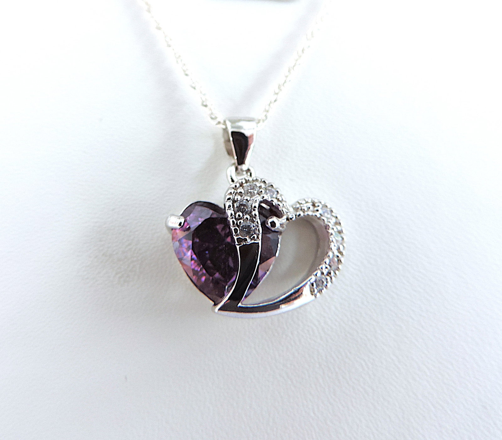 925 Silver Amethyst & Diamond Heart Pendant Necklace - 3