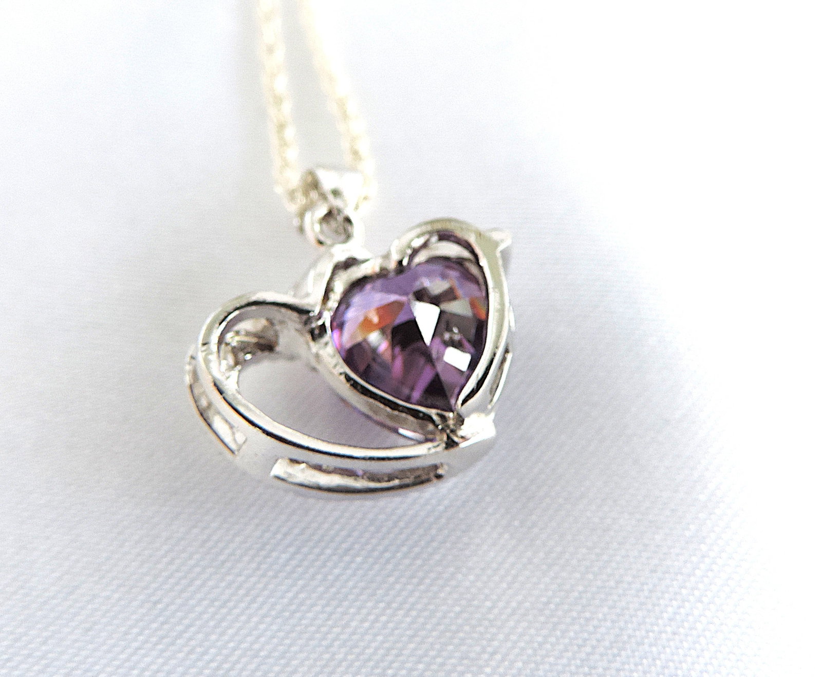 925 Silver Amethyst & Diamond Heart Pendant Necklace - 4