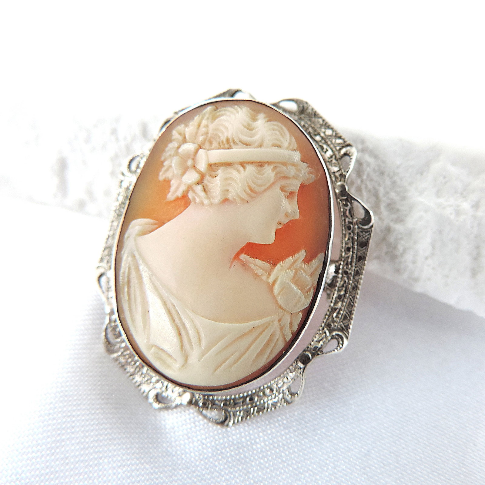 Antique Sterling Silver Hand Carved Cameo Brooch - 2