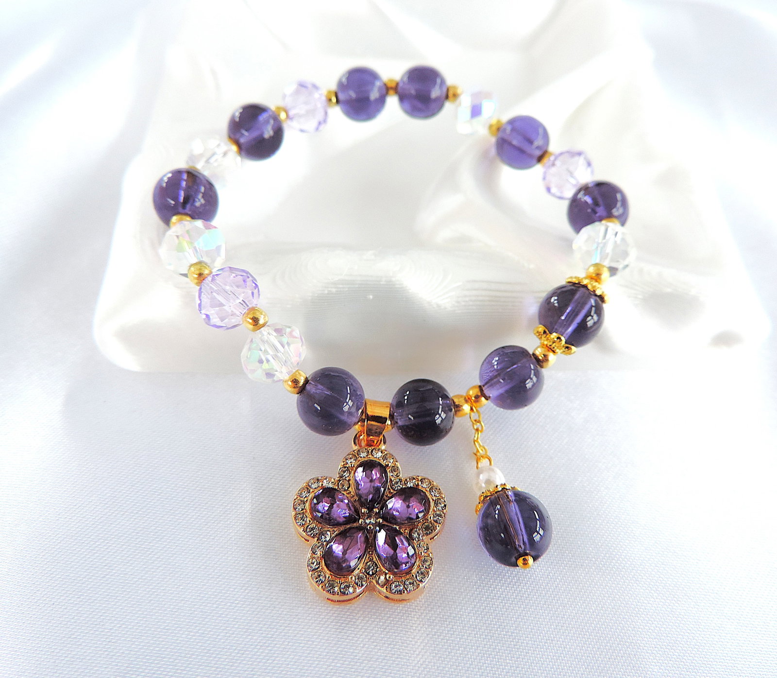 Gold Plated Amethyst & Crystal Bead Bracelet 'New' - 2