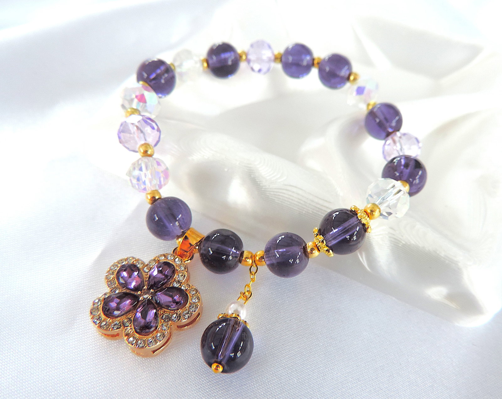 Gold Plated Amethyst & Crystal Bead Bracelet 'New' - 3