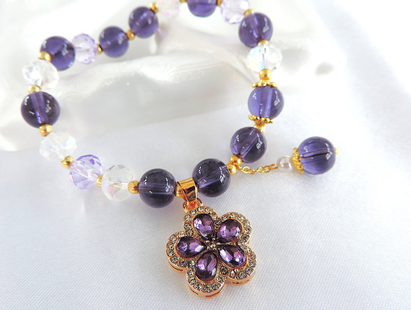 Gold Plated Amethyst & Crystal Bead Bracelet 'New' - 4