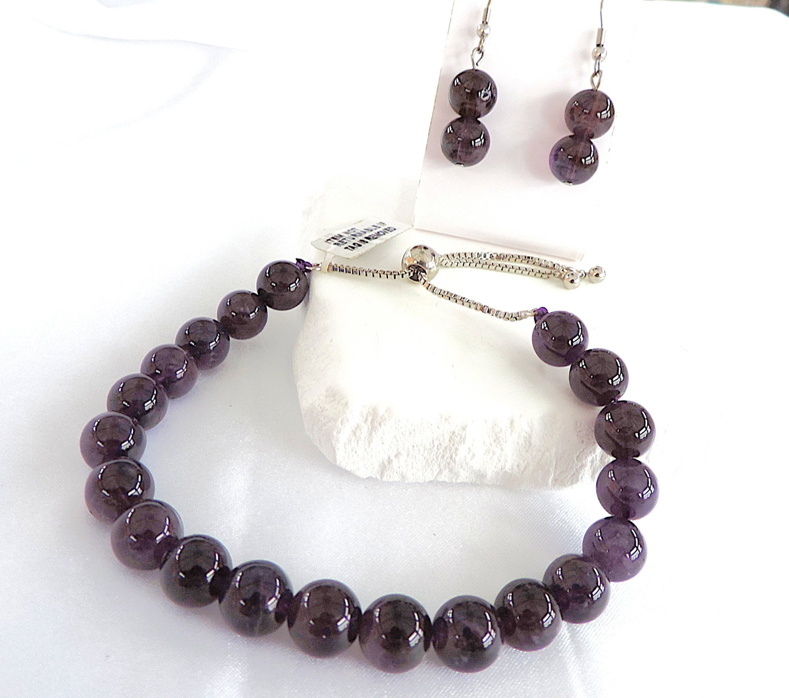 925 Silver Polished Amethyst Slider Bracelet & Earrings 'New' - 2