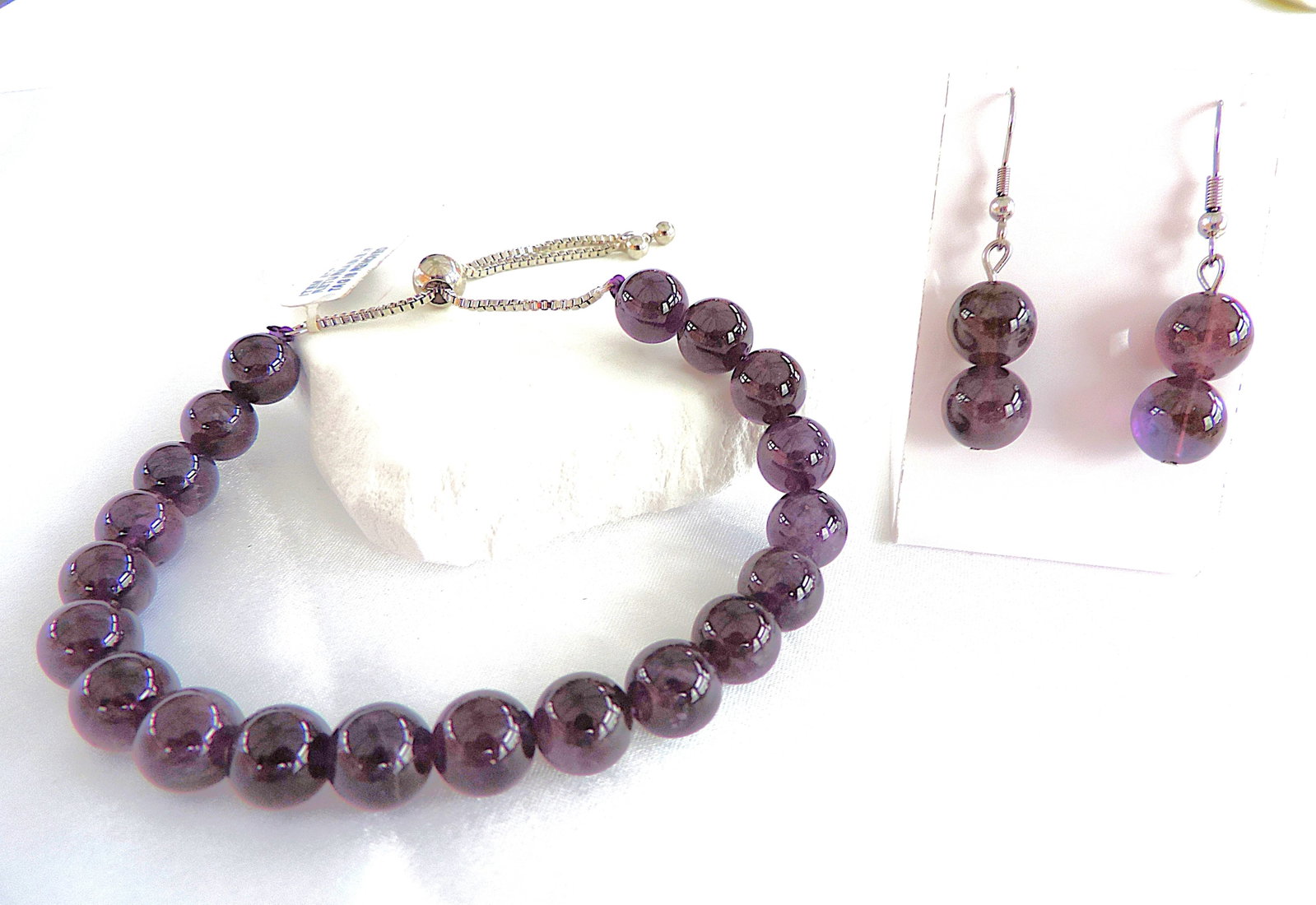 925 Silver Polished Amethyst Slider Bracelet & Earrings 'New' - 4