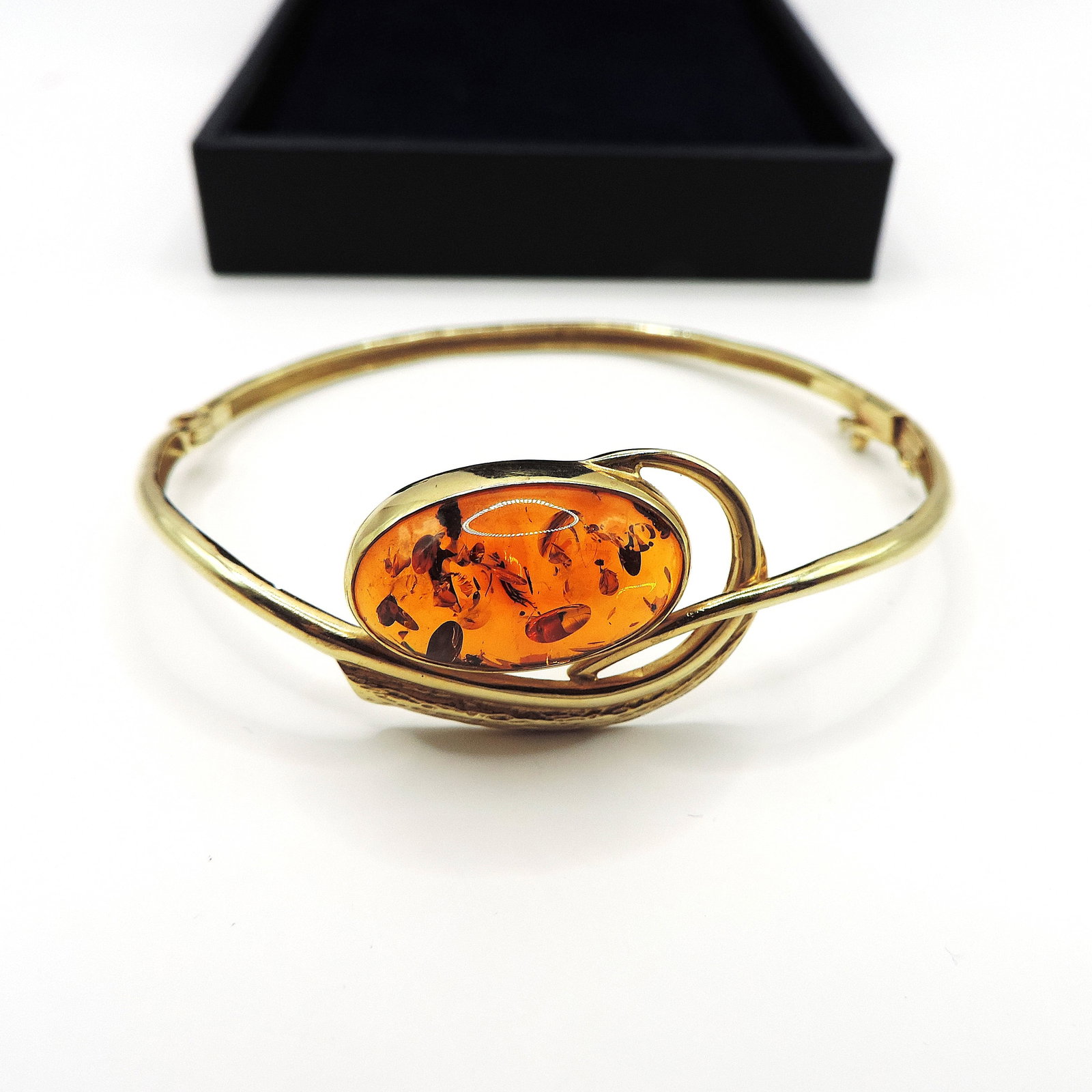 Artisan 14k Gold Cabochon Baltic Amber Bangle Gdansk Poland c.1996 - 3