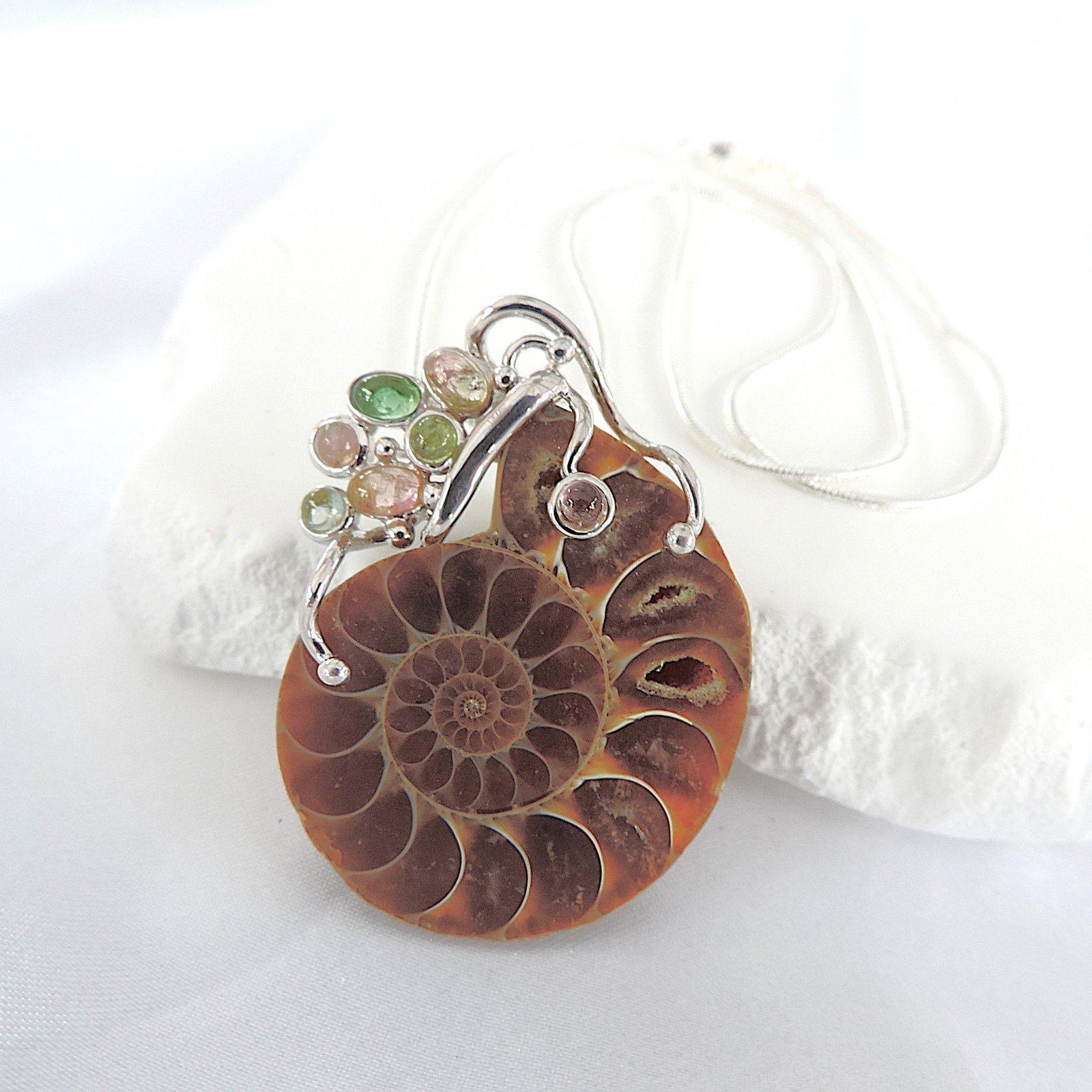 925 Silver Artisan Fossilised Ammonite & Tourmaline Pendant Necklace - 2