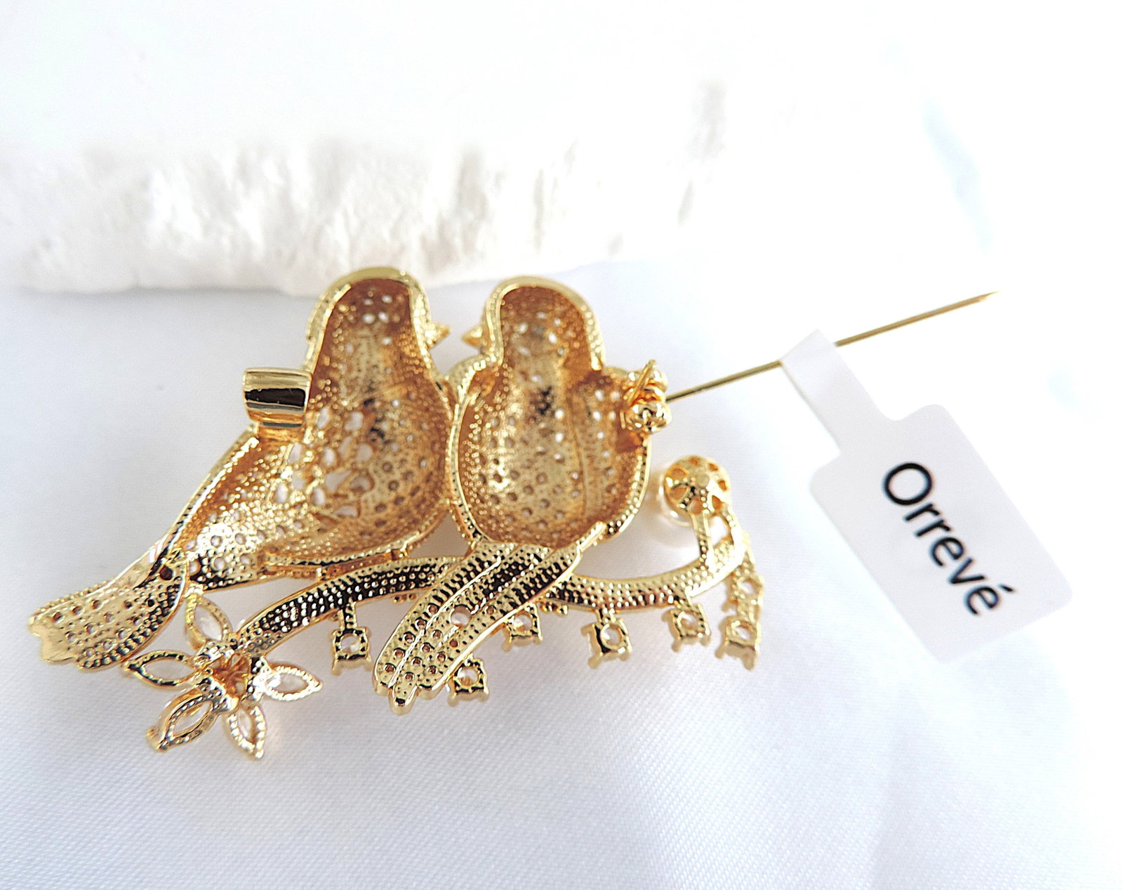 Orrevé Gold Plated White Zircon Lovebirds Brooch 'New With Gift Box' - 4