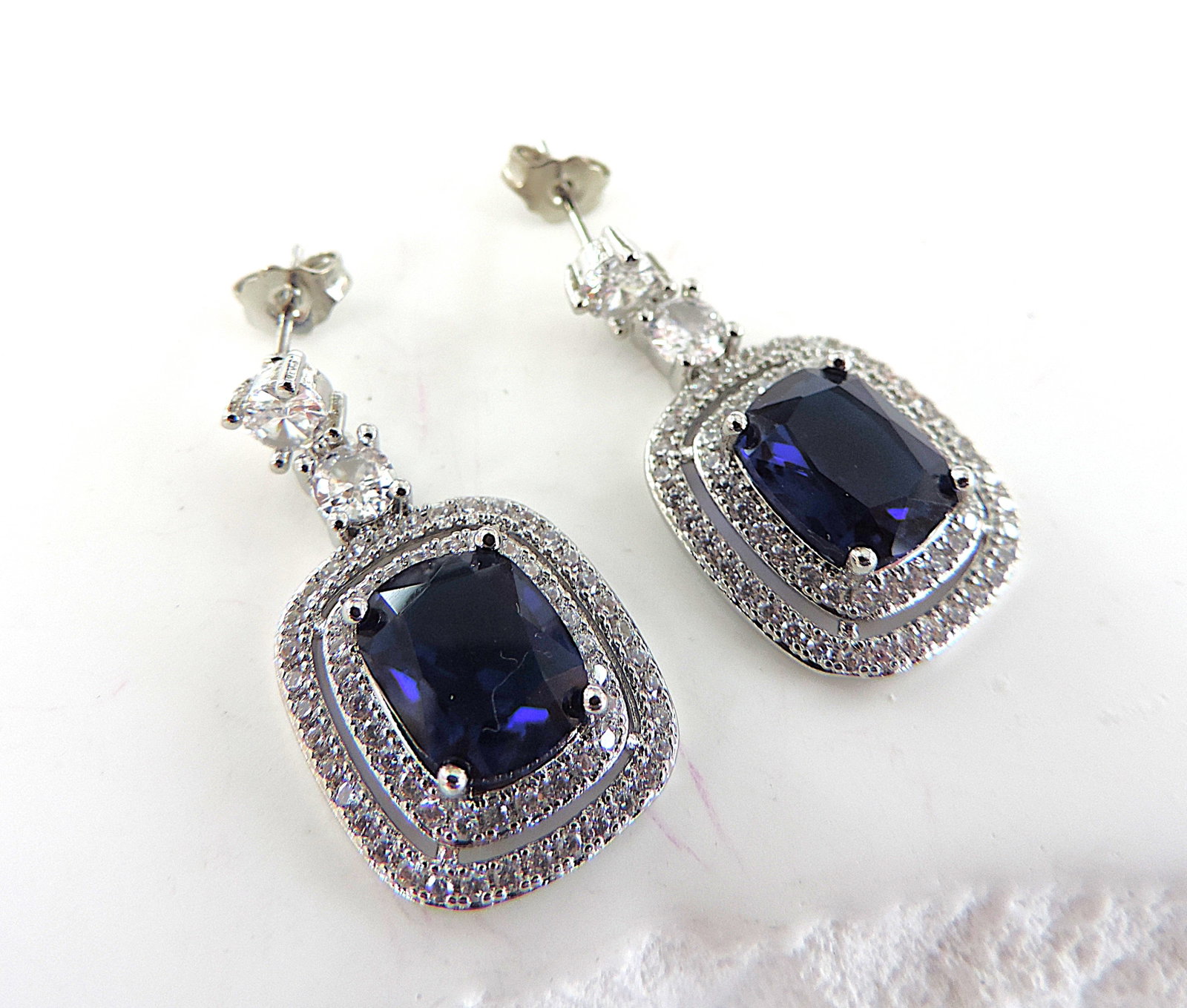 Blue & White Zircon Gemstone Drop Earrings - 2