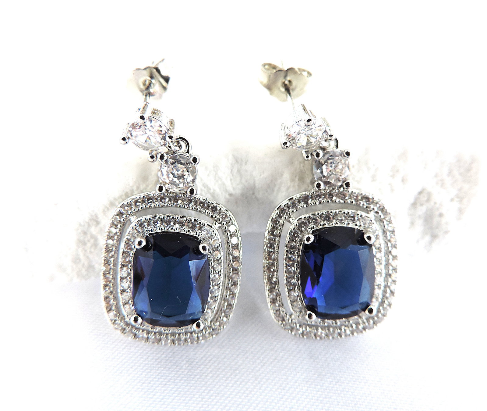 Blue & White Zircon Gemstone Drop Earrings - 3