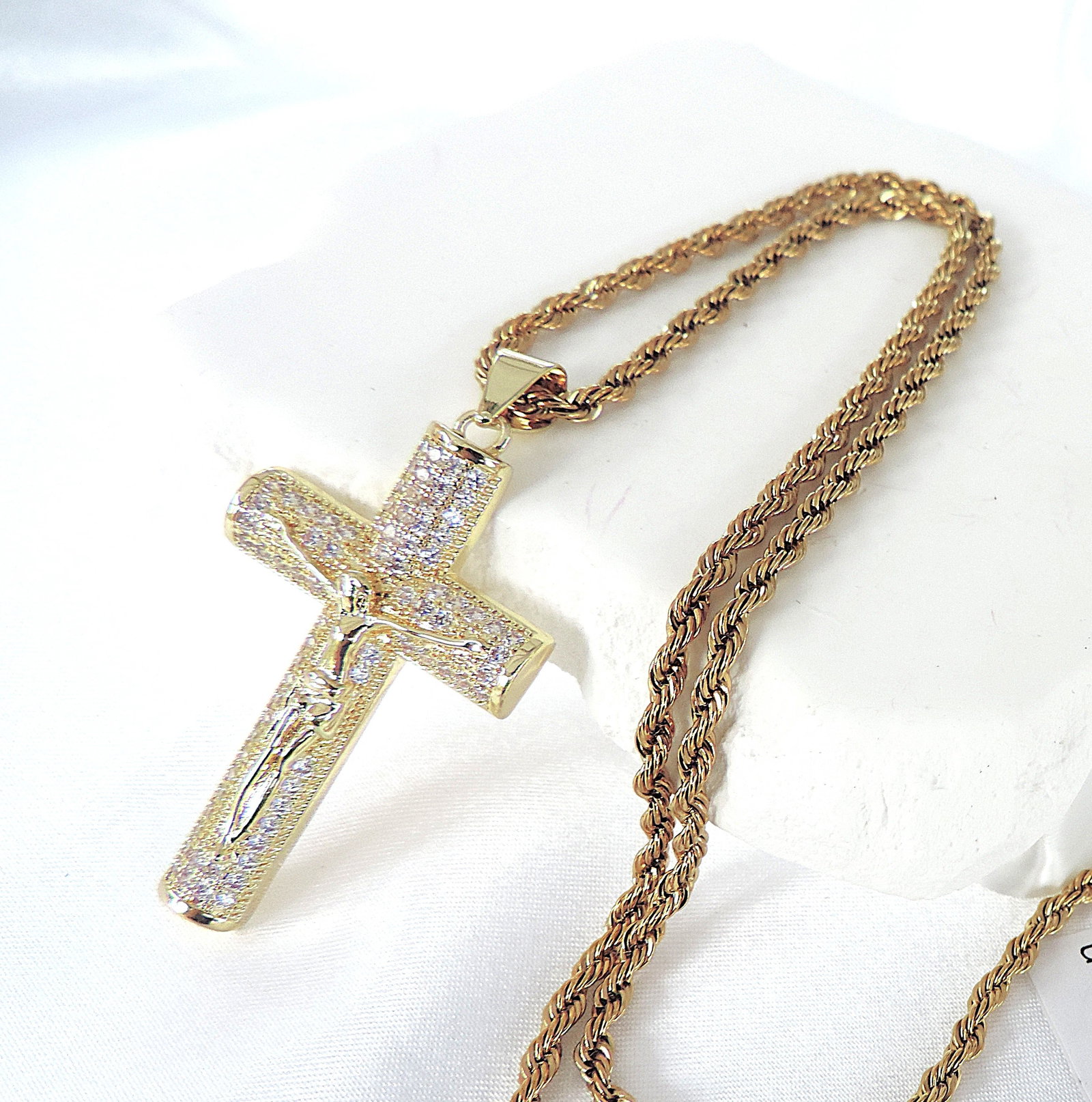Aethon Gold Plated White Zircon Gemstone Cross On 22 inch Rope Chain - 4