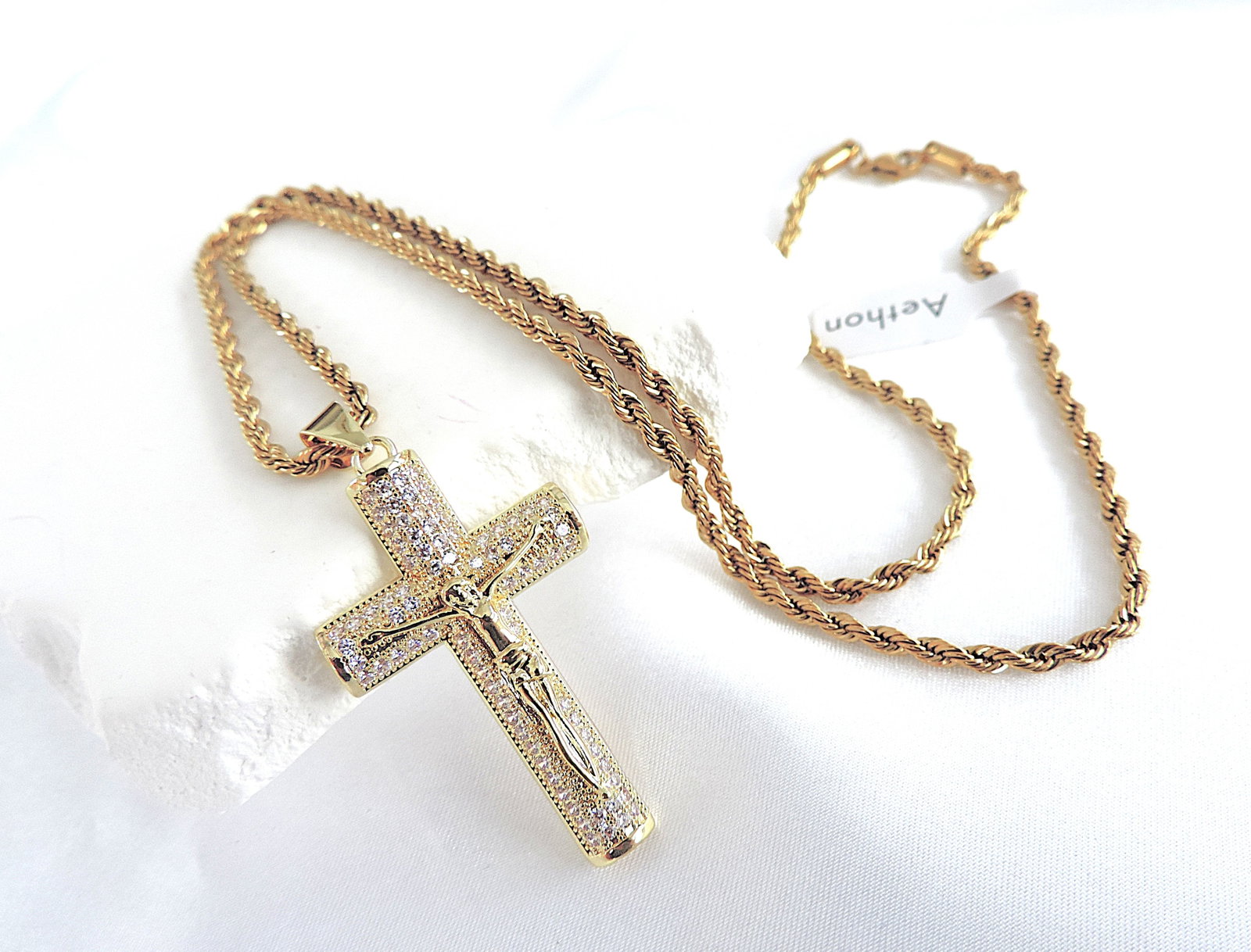 Aethon Gold Plated White Zircon Gemstone Cross On 22 inch Rope Chain - 5