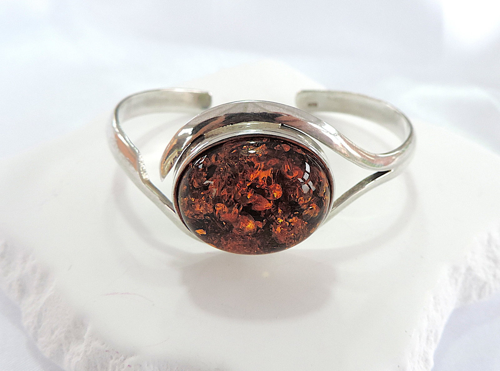 Vintage 925 Silver Chunky Baltic Amber Bangle - 3