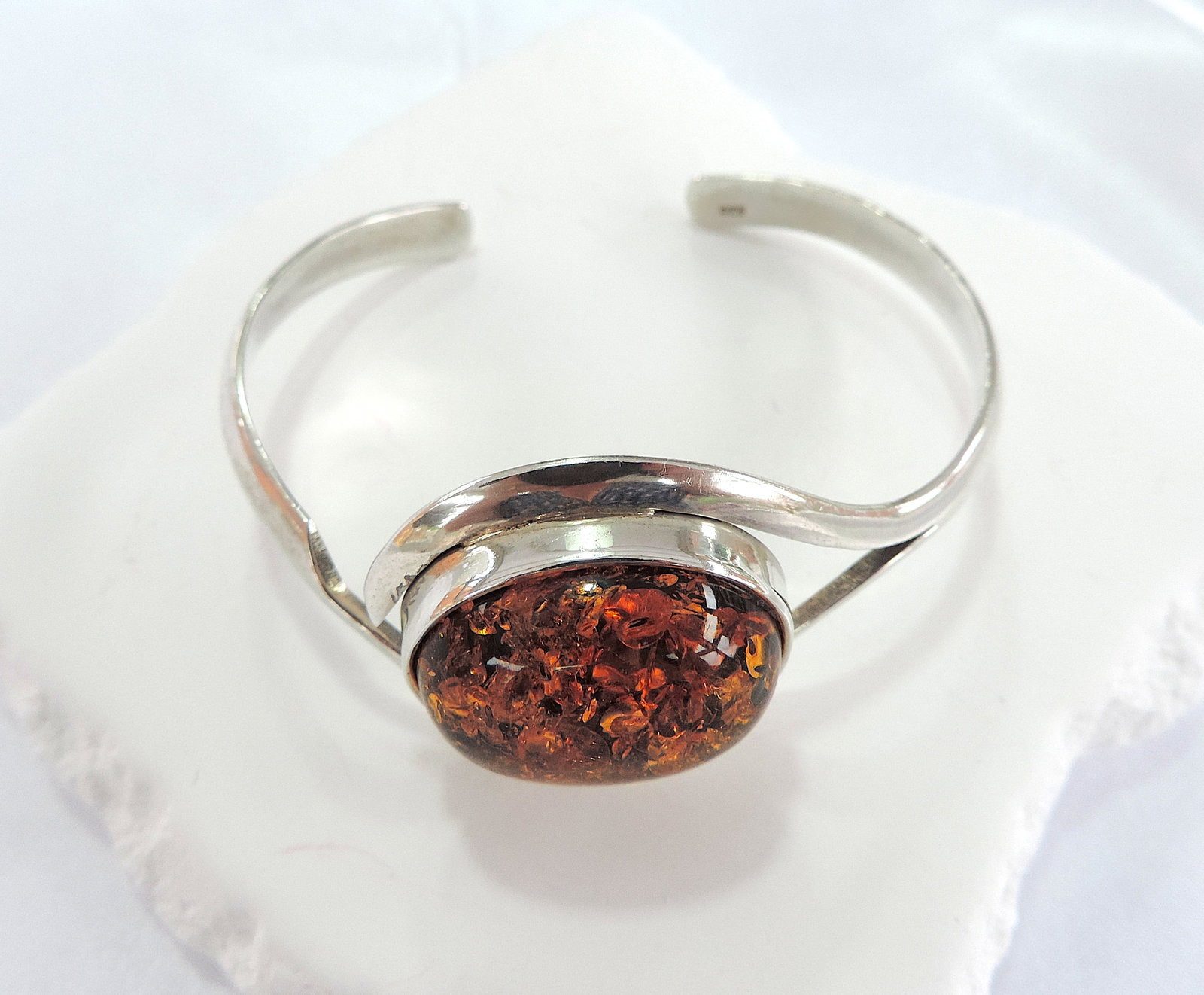 Vintage 925 Silver Chunky Baltic Amber Bangle - 4