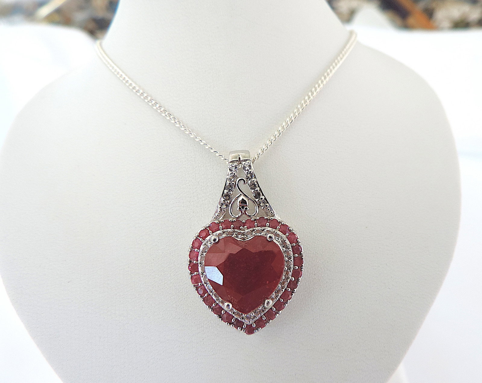 925 Silver 5.9 Carat Ruby Heart & White Topaz Gemstone Necklace 'New With Gift Box' - 4
