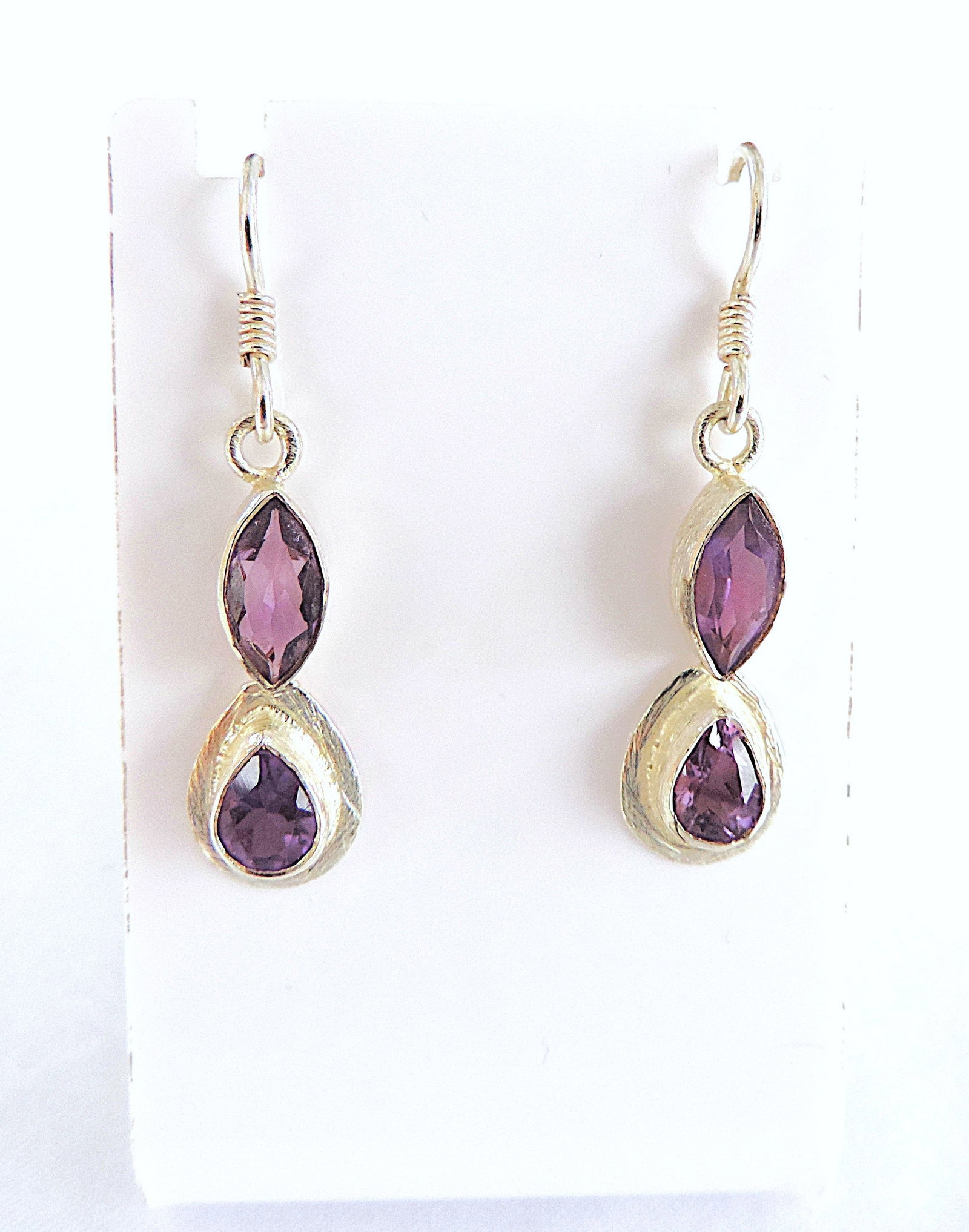 925 Silver Amethyst Gemstone Drop Earrings 'New' - 2
