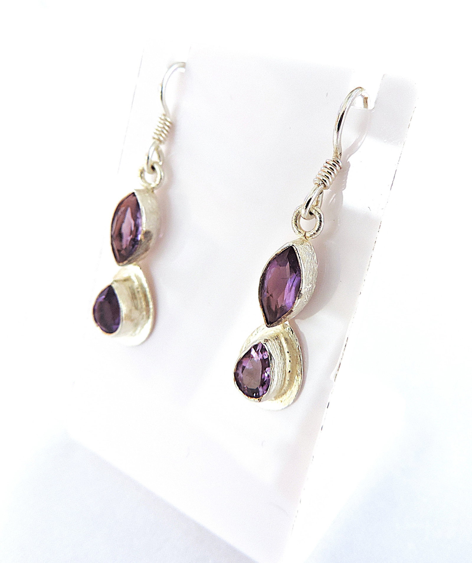 925 Silver Amethyst Gemstone Drop Earrings 'New' - 3