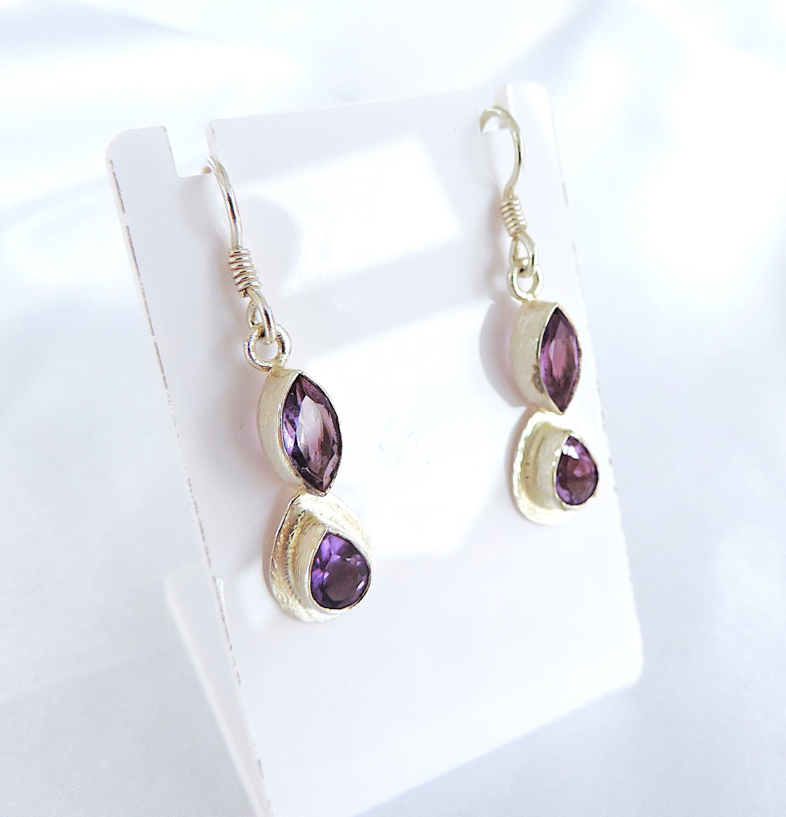 925 Silver Amethyst Gemstone Drop Earrings 'New' - 4
