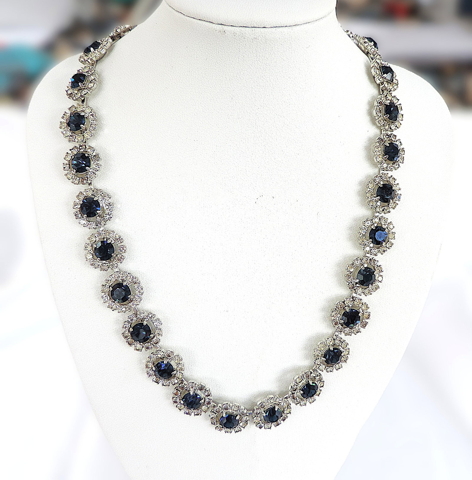 Vintage 1930's Sapphire Blue & White Rhinestone Crystal Necklace - 2