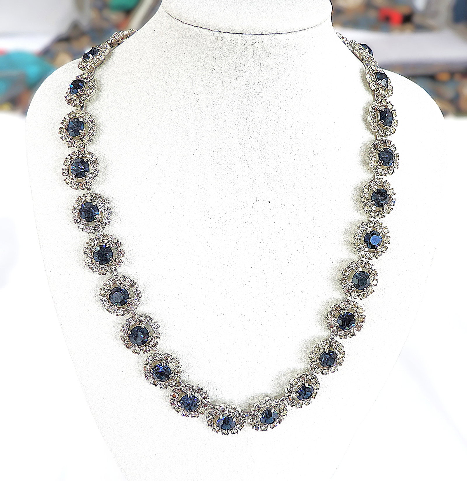 Vintage 1930's Sapphire Blue & White Rhinestone Crystal Necklace - 3