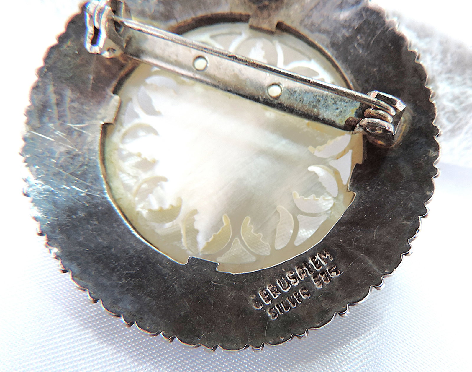 Vintage Jerusalem 925 Silver Mother of Pearl Brooch/Pendant - 3
