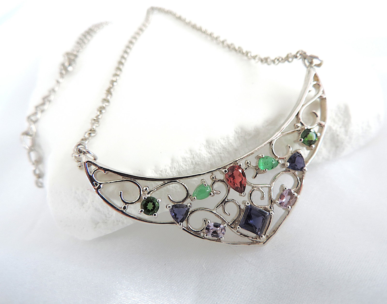 925 Silver Multi-Colour Gemstone Necklace 13 grams 'New' - 2