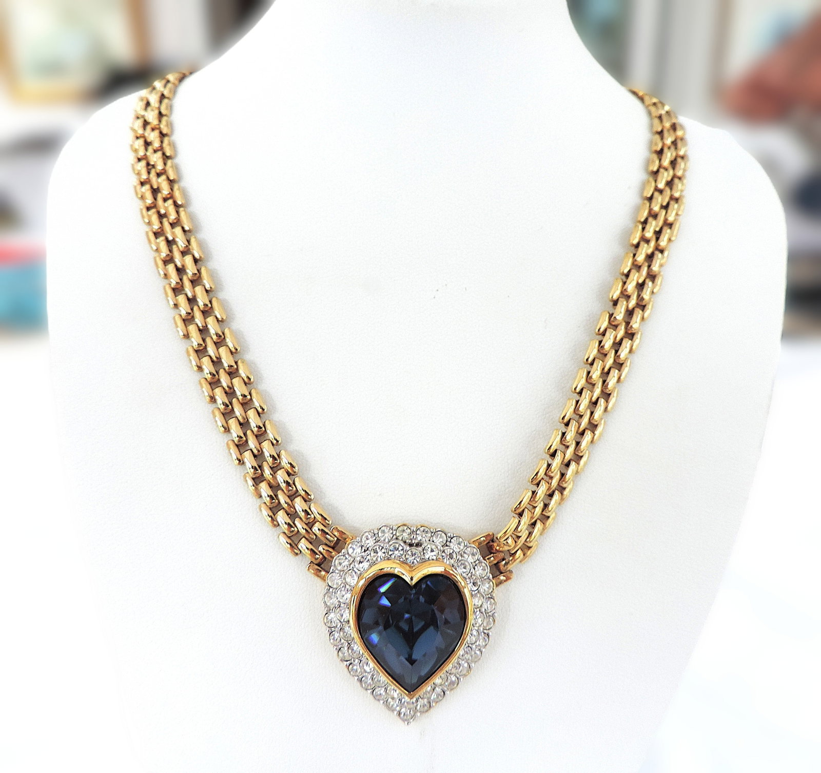Vintage Attwood & Sawyer 22ct Gold Plated Sapphire Blue Heart Necklace & Earrings c.1980's - 2