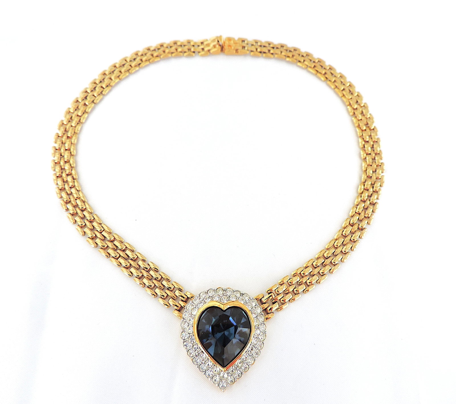 Vintage Attwood & Sawyer 22ct Gold Plated Sapphire Blue Heart Necklace & Earrings c.1980's - 5
