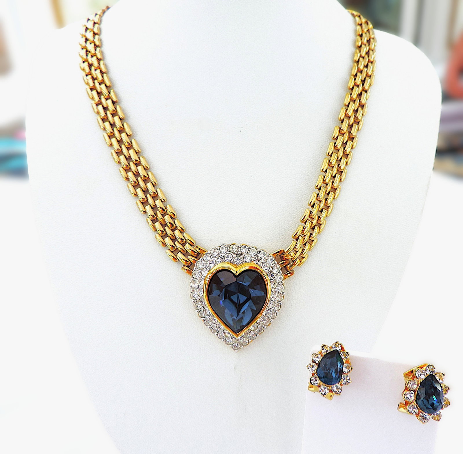 Vintage Attwood & Sawyer 22ct Gold Plated Sapphire Blue Heart Necklace & Earrings c.1980's - 9