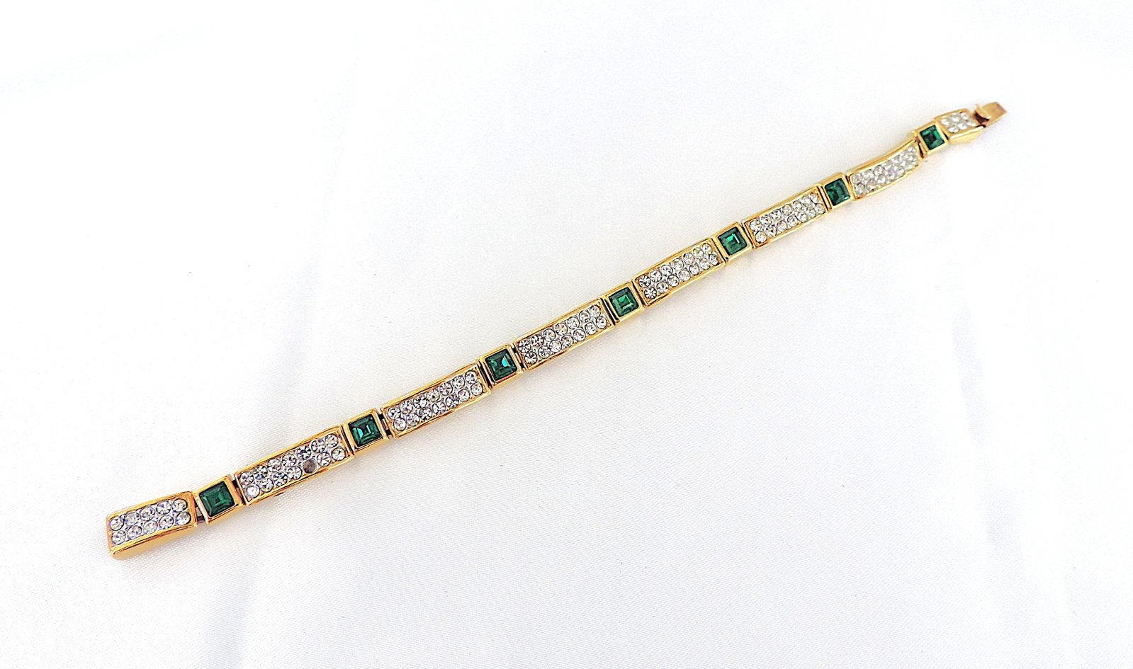 Vintage Attwood & Sawyer 22ct Gold Plated Emerald Green & White Crystal Bracelet c.1980's - 2